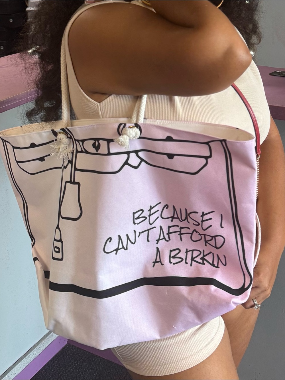 “Because I Can’t Afford a Birkin” Pink Oversized Canvas Tote Bag